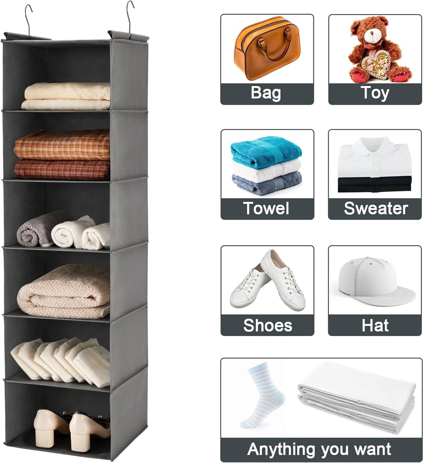 6-Tier Foldable Hanging Closet Organizer in Grey with Durable Hooks for Optimal Space Management