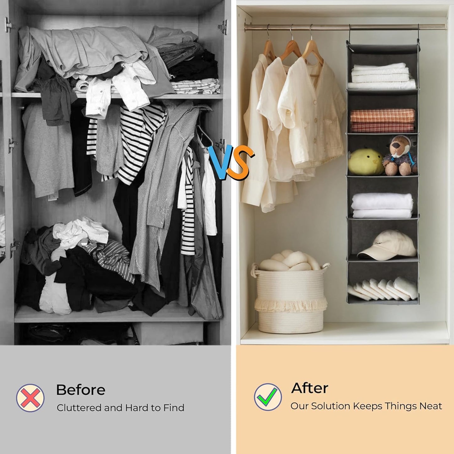 6-Tier Foldable Hanging Closet Organizer in Grey with Durable Hooks for Optimal Space Management