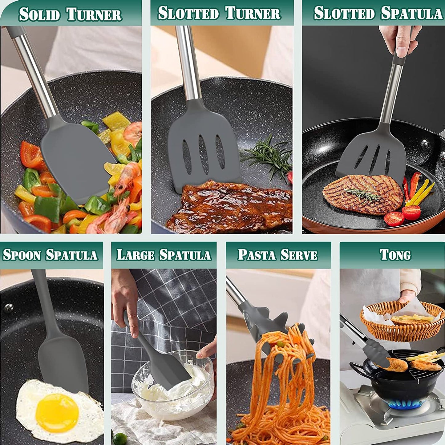 Silicone Kitchen Utensil Set, 43-Piece Non-Stick Spatula Collection with Stainless Steel Handles, Heat Resistant - Premium Cookware (Grey)