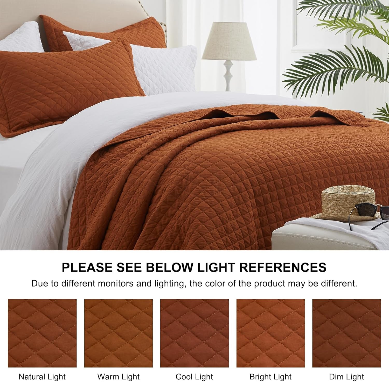 King Size Brunt Orange Quilt Set - Lightweight Reversible Comforter Bedspread with Rust Diamond Quilting, Includes 1 Quilt and 2 Pillow Shams, Ideal for All Seasons