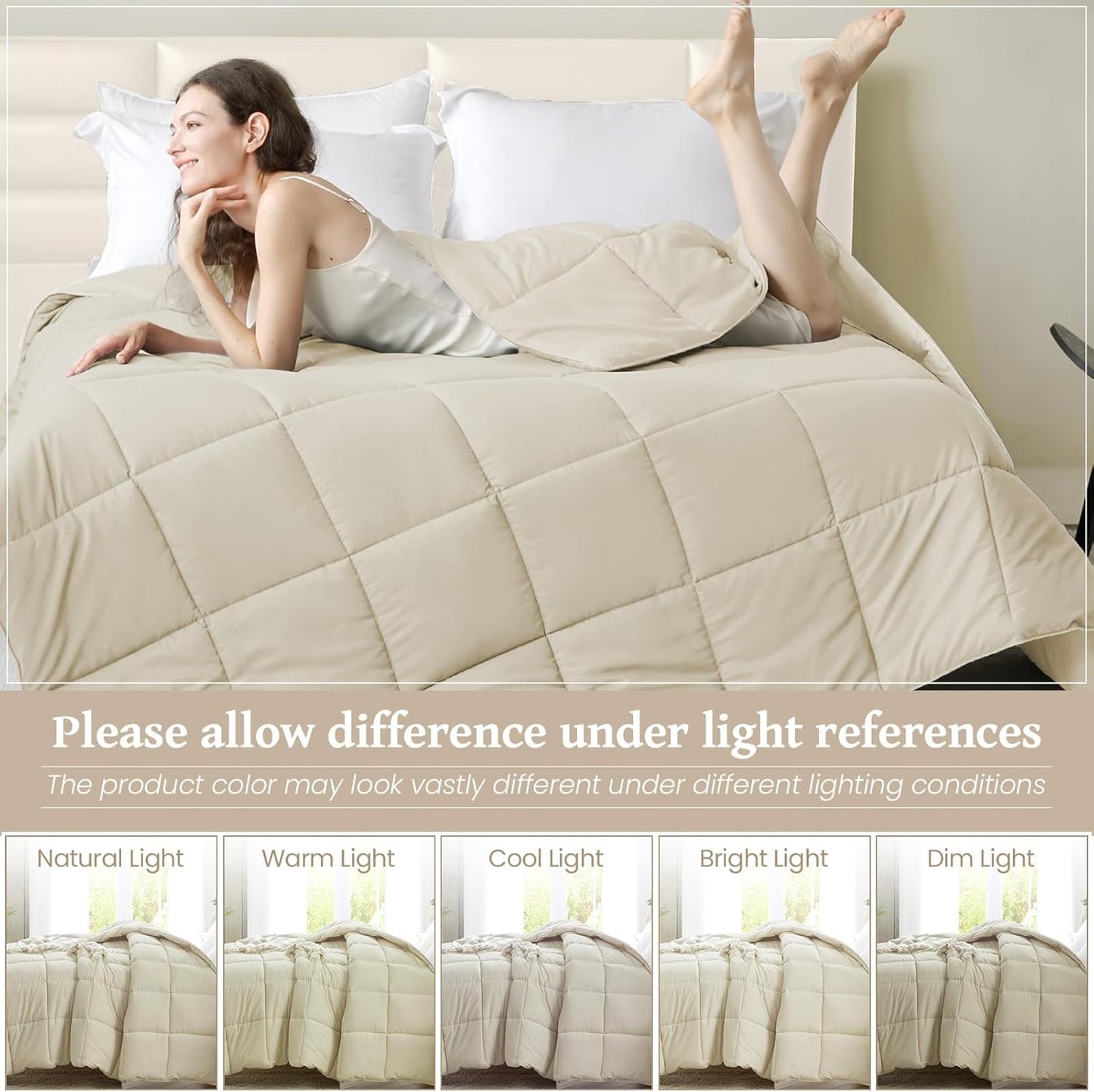 King Size Beige Down Alternative Comforter - Lightweight Quilted Bedding for All Seasons