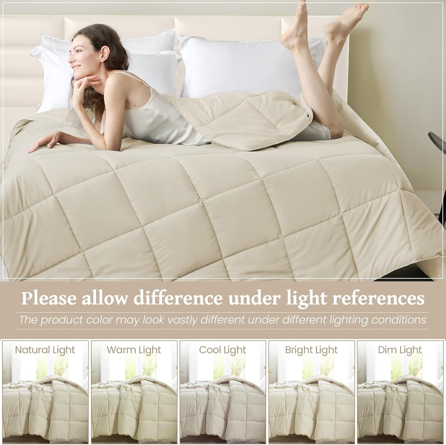 King Size Beige Down Alternative Comforter - Lightweight Quilted Bedding for All Seasons