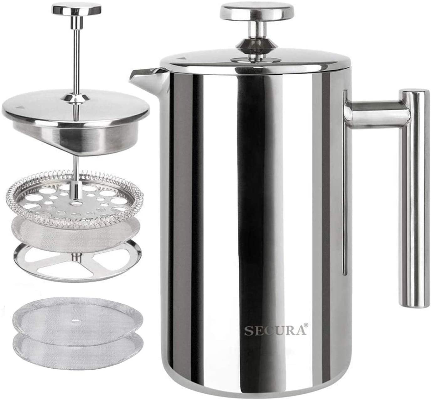 French Press Coffee Maker - 304 Stainless Steel Insulated Coffee Press with 2 Extra Screens, 12 Oz (0.35 Litre), Silver