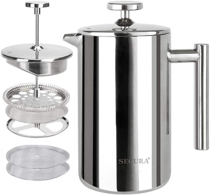French Press Coffee Maker - 304 Stainless Steel Insulated Coffee Press with 2 Extra Screens, 12 Oz (0.35 Litre), Silver