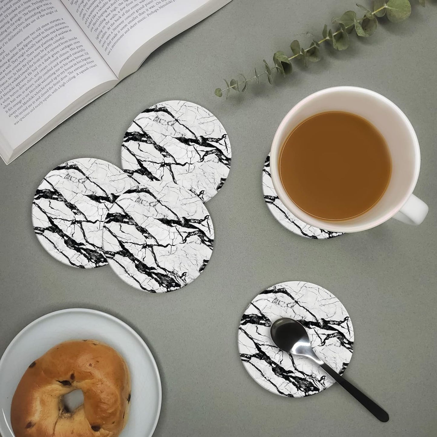 Emerson Marble Coaster Set of 6 with Holder – Absorbent Non-Slip Ceramic Coasters for Coffee Tables – Durable Design (Boulder)