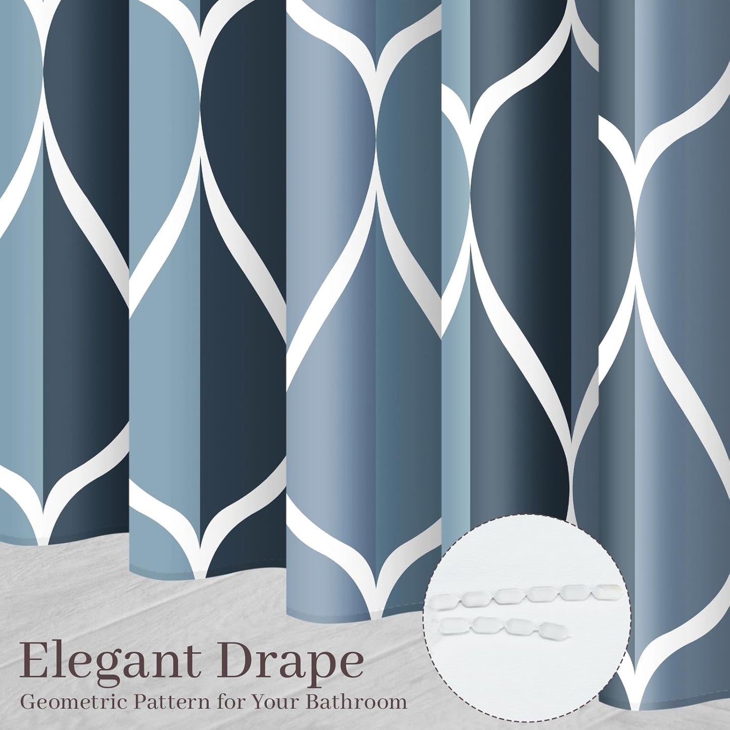 Aegean Blue Waterproof Polyester Bath Shower Curtain, 54" W x 72" H, Quick-Drying Heavyweight Design, Stall Size, Machine Washable with 8 Hooks