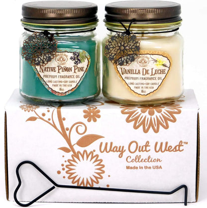 Way Out West Scented Candle Set: Piñon Pine & Vanilla De Leche - Gift-Ready Boxed Collection of 2 Long-Lasting Soy Wax Jar Candles for a Cozy Home Ambiance