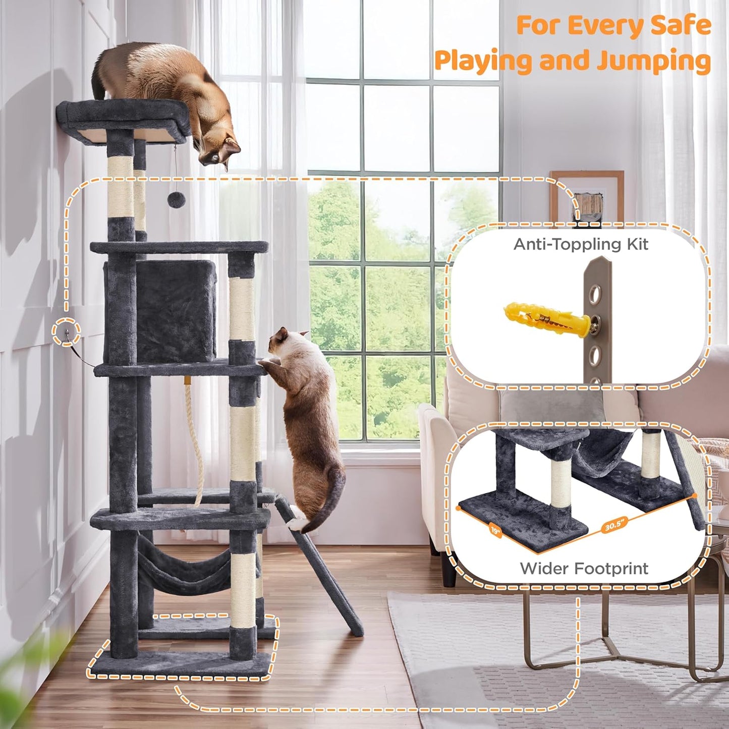 Yaheetech 63-Inch Large Cat Tree for Heavy Cats up to 22 lbs, Stable Design with Condo and Hammock, Space-Saving Solution for Indoor Multi-Pet Homes, Reduces Furniture Scratching