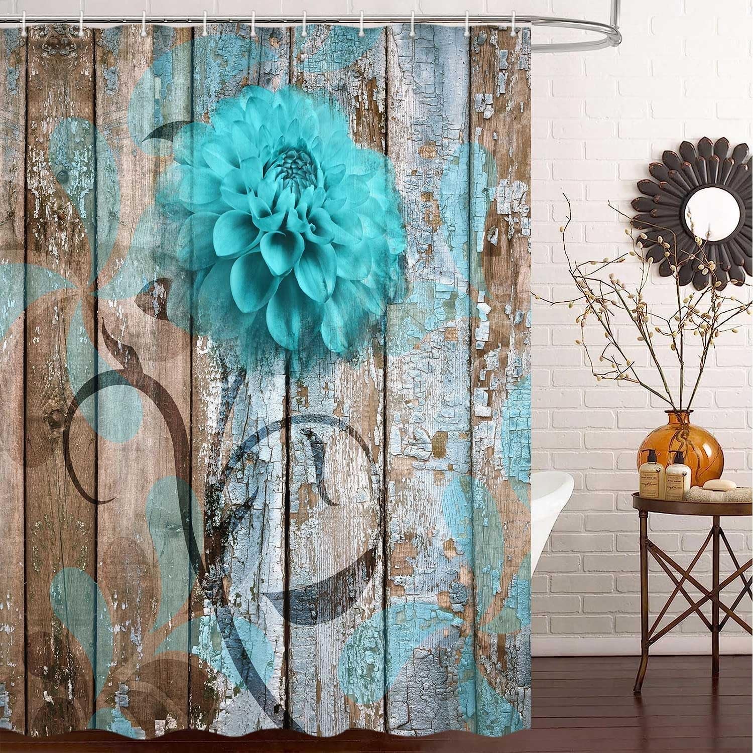 Rustic Teal Turquoise Dahlia Floral Shower Curtain Set, Country Blue Wild Garden Design, Includes Hooks, 69x70 Inches
