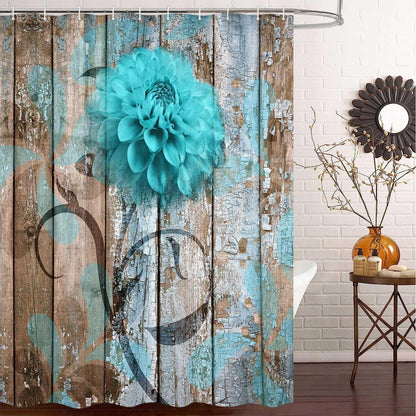 Rustic Teal Turquoise Dahlia Floral Shower Curtain Set, Country Blue Wild Garden Design, Includes Hooks, 69x70 Inches