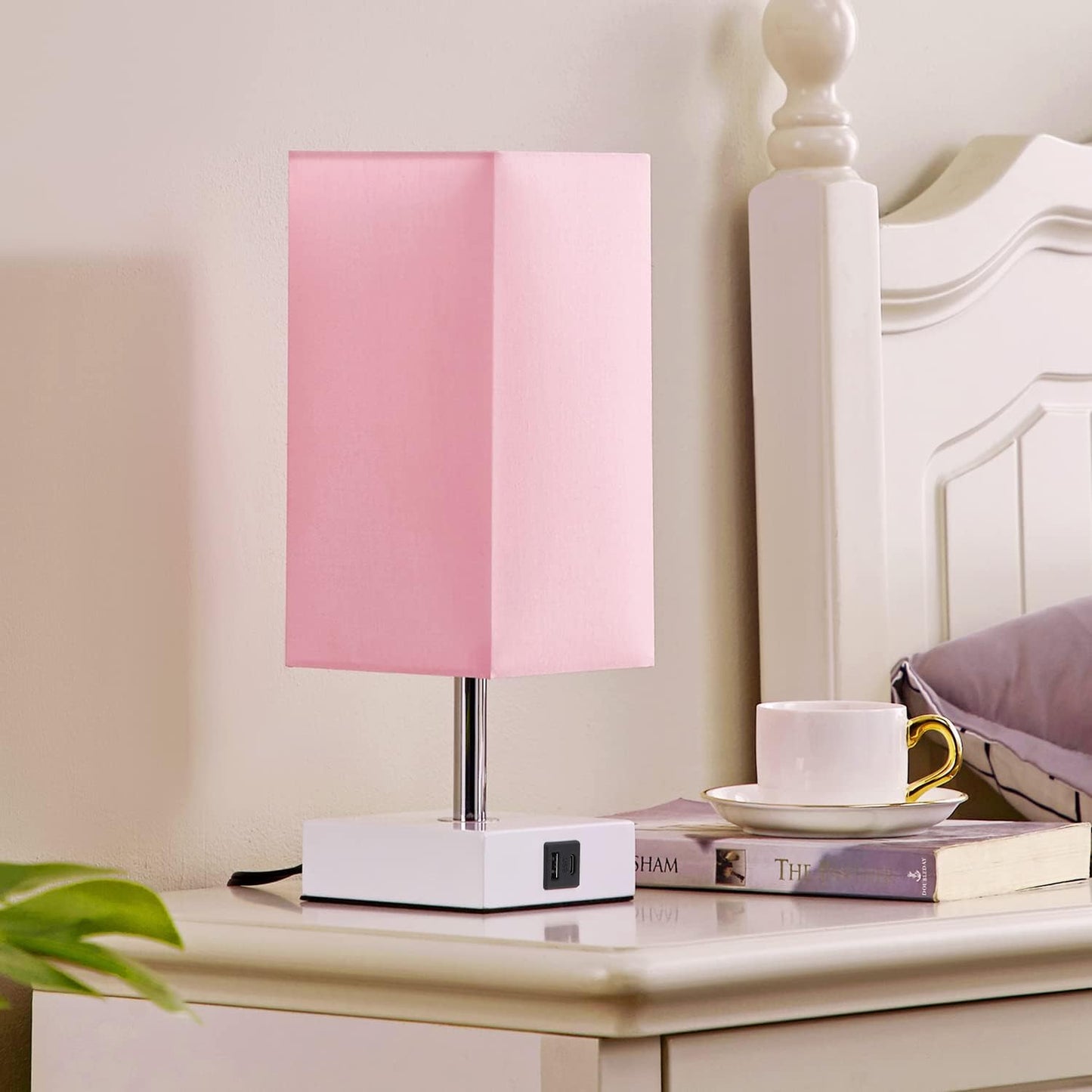 Touch Control Table Lamp with Dual USB Charging Ports, 3-Way Touch Functionality, Ideal for Bedrooms and Living Rooms, Pink Shade with White Base, Includes LED Bulb