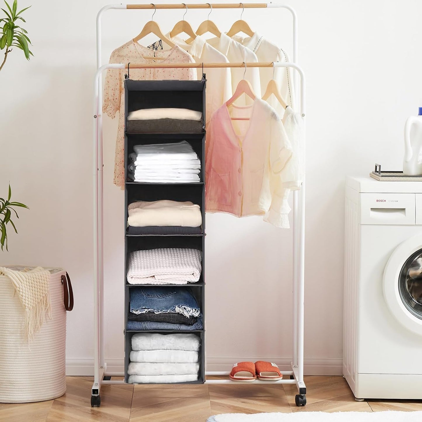 6-Tier Foldable Hanging Closet Organizer in Grey with Durable Hooks for Optimal Space Management