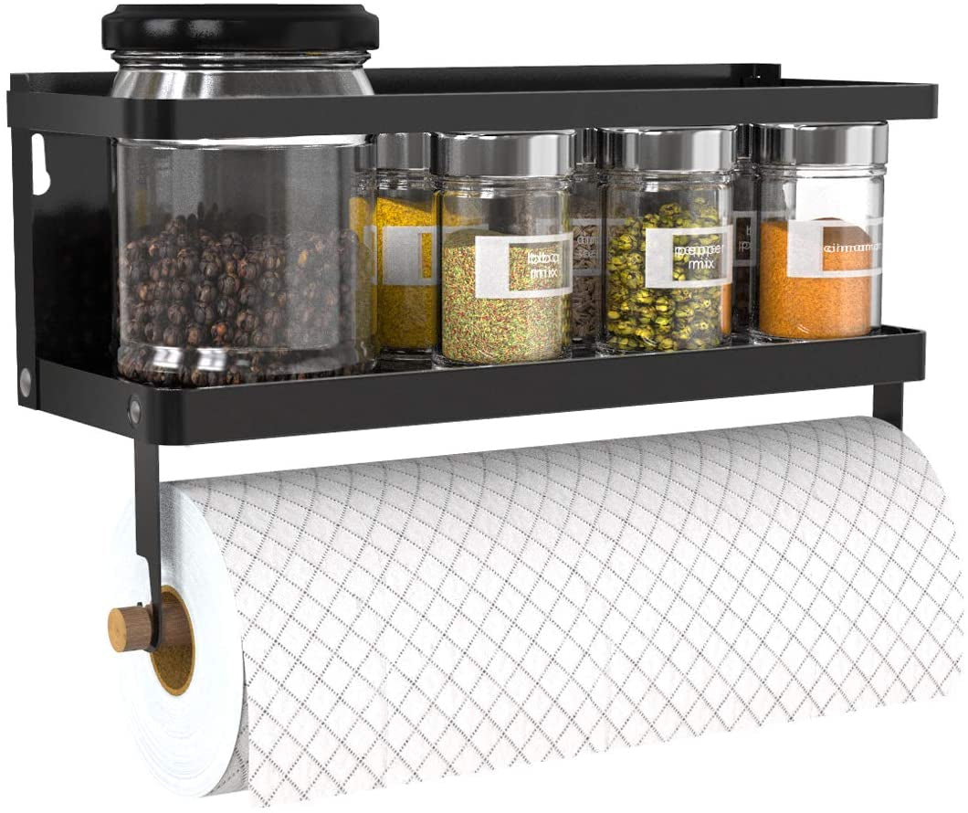 Magnetic Paper Towel Holder and Spice Rack with Hooks, Wall-Mounted Shelf for Refrigerator (Black)