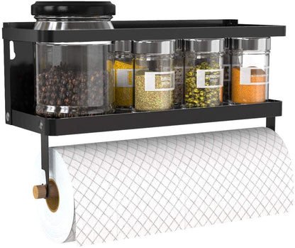 Magnetic Paper Towel Holder and Spice Rack with Hooks, Wall-Mounted Shelf for Refrigerator (Black)