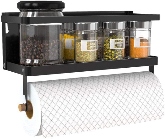 Magnetic Paper Towel Holder and Spice Rack with Hooks, Wall-Mounted Shelf for Refrigerator (Black)