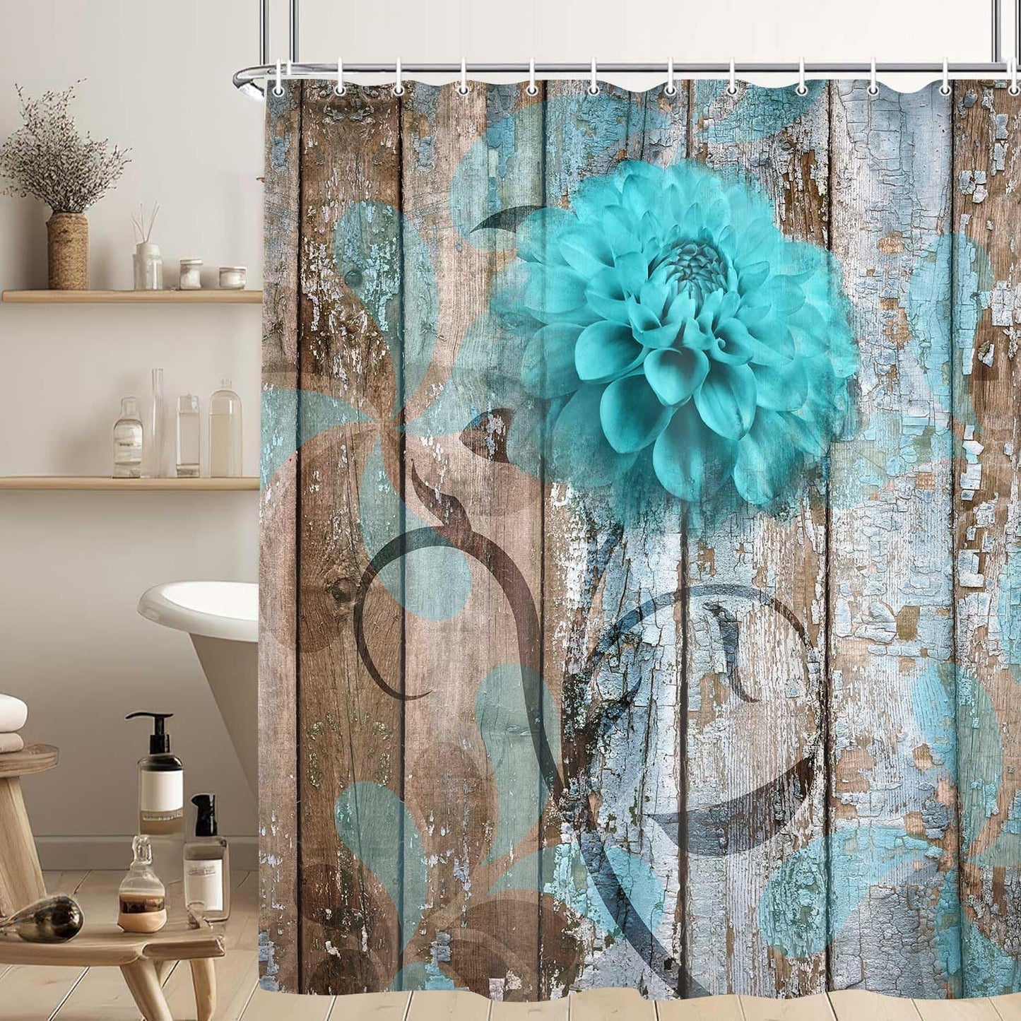 Rustic Teal Turquoise Dahlia Floral Shower Curtain Set, Country Blue Wild Garden Design, Includes Hooks, 69x70 Inches