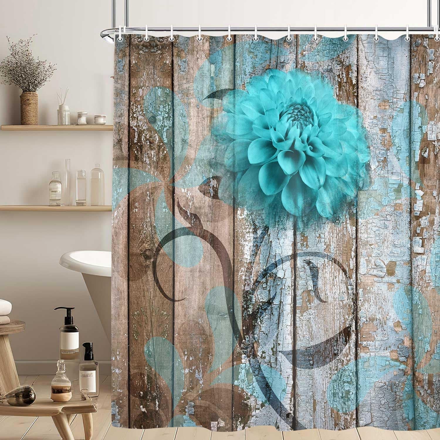 Rustic Teal Turquoise Dahlia Floral Shower Curtain Set, Country Blue Wild Garden Design, Includes Hooks, 69x70 Inches