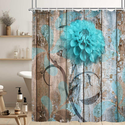 Rustic Teal Turquoise Dahlia Floral Shower Curtain Set, Country Blue Wild Garden Design, Includes Hooks, 69x70 Inches