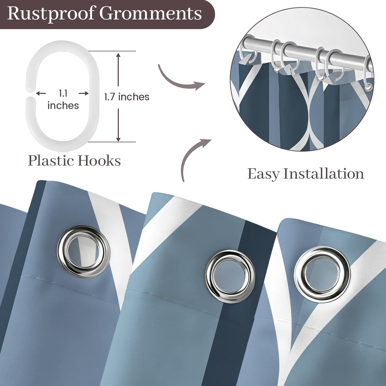 Aegean Blue Waterproof Polyester Bath Shower Curtain, 54" W x 72" H, Quick-Drying Heavyweight Design, Stall Size, Machine Washable with 8 Hooks