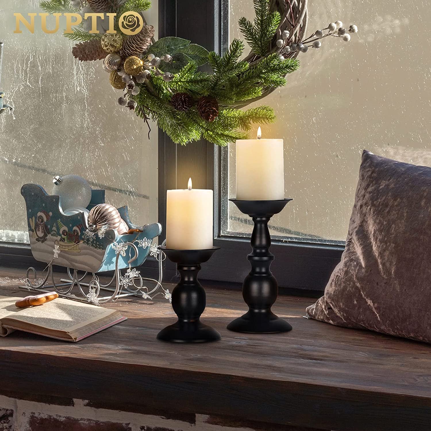 Black Metal Pillar Candle Holders Set - 2 Rustic Tall Candle Stands for Home Decor, Fireplace Centerpiece, Halloween and Easter Events