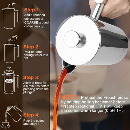 French Press Coffee Maker - 304 Stainless Steel Insulated Coffee Press with 2 Extra Screens, 12 Oz (0.35 Litre), Silver
