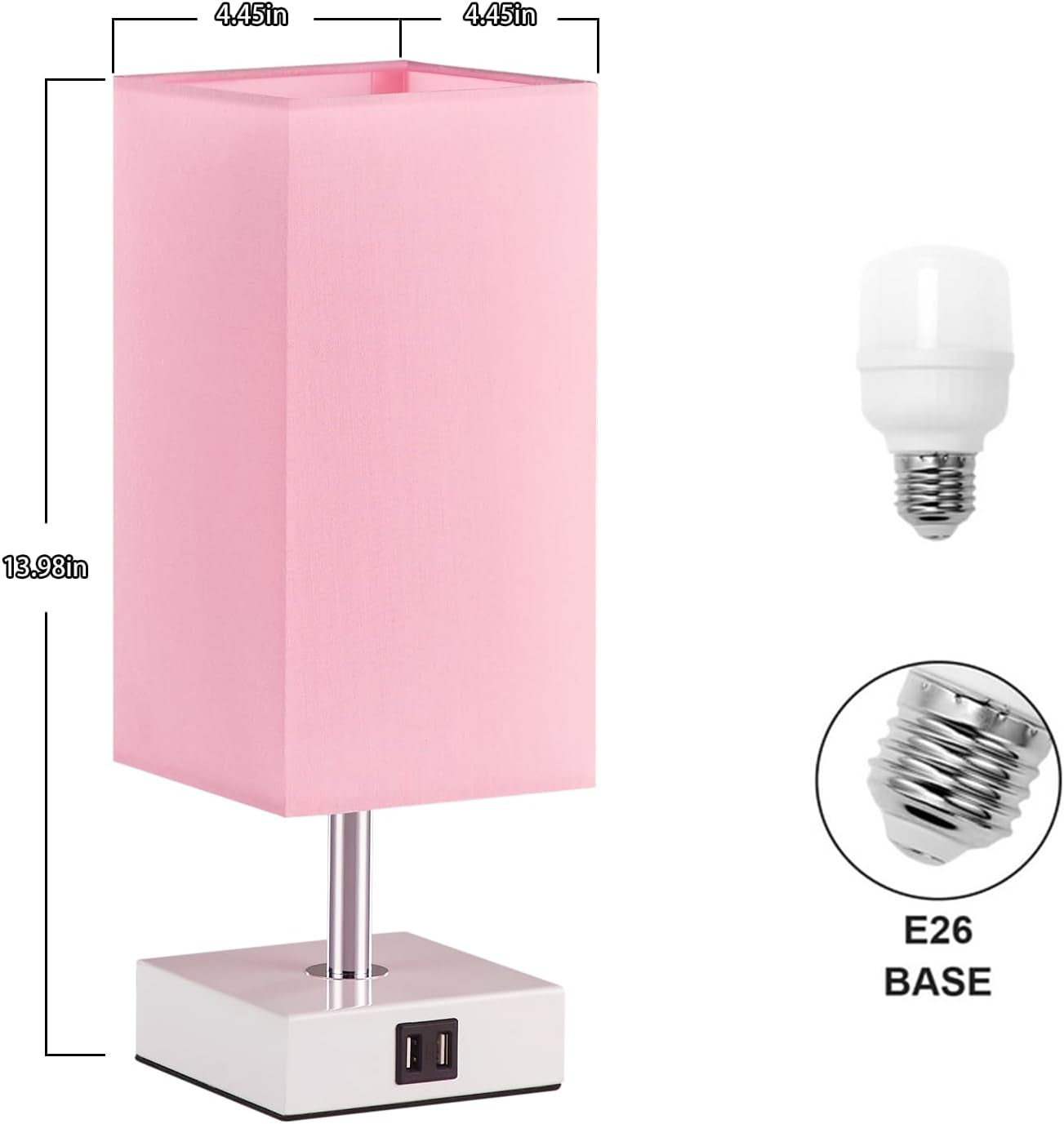 Touch Control Table Lamp with Dual USB Charging Ports, 3-Way Touch Functionality, Ideal for Bedrooms and Living Rooms, Pink Shade with White Base, Includes LED Bulb