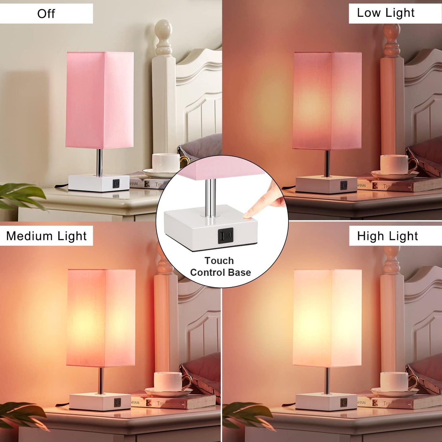 Touch Control Table Lamp with Dual USB Charging Ports, 3-Way Touch Functionality, Ideal for Bedrooms and Living Rooms, Pink Shade with White Base, Includes LED Bulb