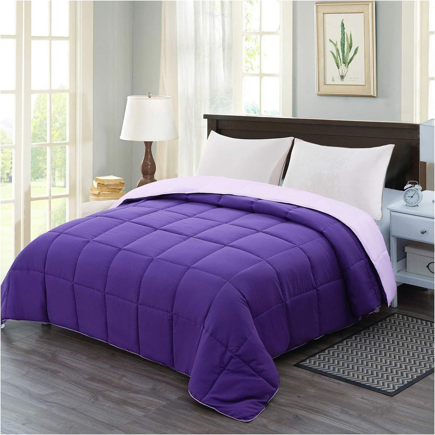Twin Size Reversible Down Alternative Comforter - Lightweight Quilted Bedding in Plum and Light Purple for All Seasons