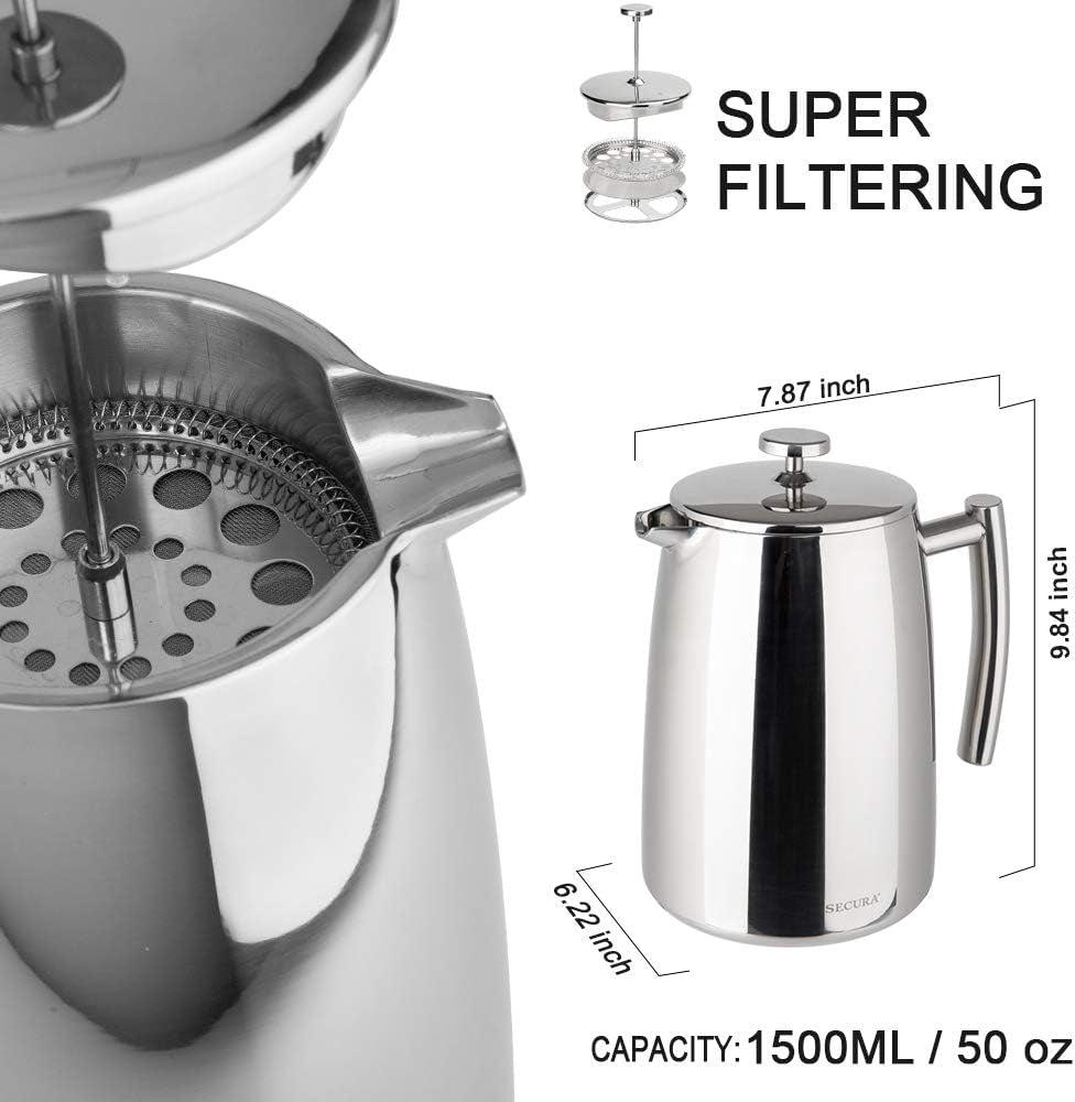 50-Ounce French Press Coffee Maker - Insulated 304 Stainless Steel with Additional Screen