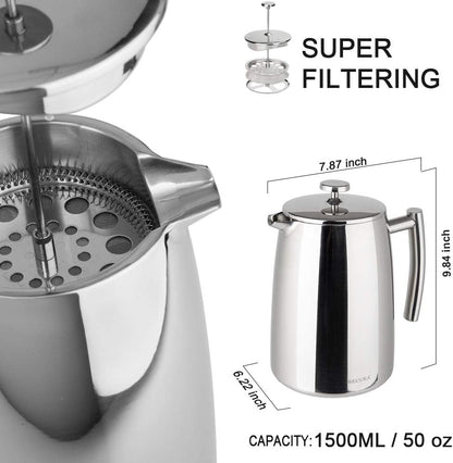 50-Ounce French Press Coffee Maker - Insulated 304 Stainless Steel with Additional Screen