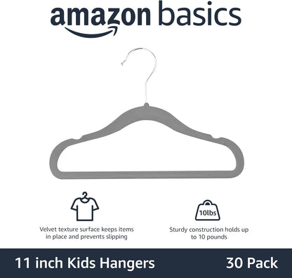 Space-Saving Velvet Non-Slip Hangers for Children - 30-Pack Gray Closet Organizers with Shoulder Notches, Ideal for Infants and Toddlers' Apparel