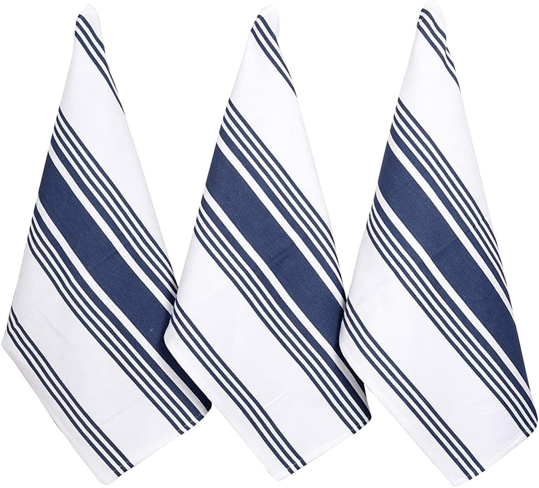 100% Cotton Kitchen Towels Set (3-Pack) - Highly Absorbent Dish Cloths (20”x30”) with Hanging Loop for Efficient Drying and Cleaning - Blue and White Design