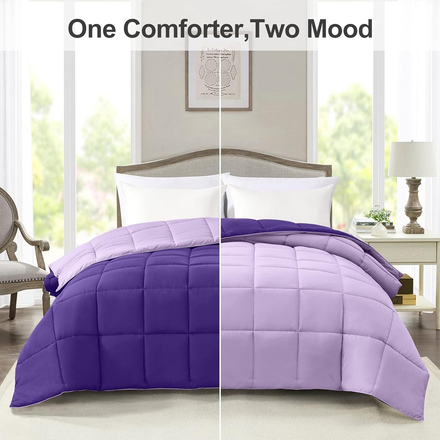 Twin Size Reversible Down Alternative Comforter - Lightweight Quilted Bedding in Plum and Light Purple for All Seasons