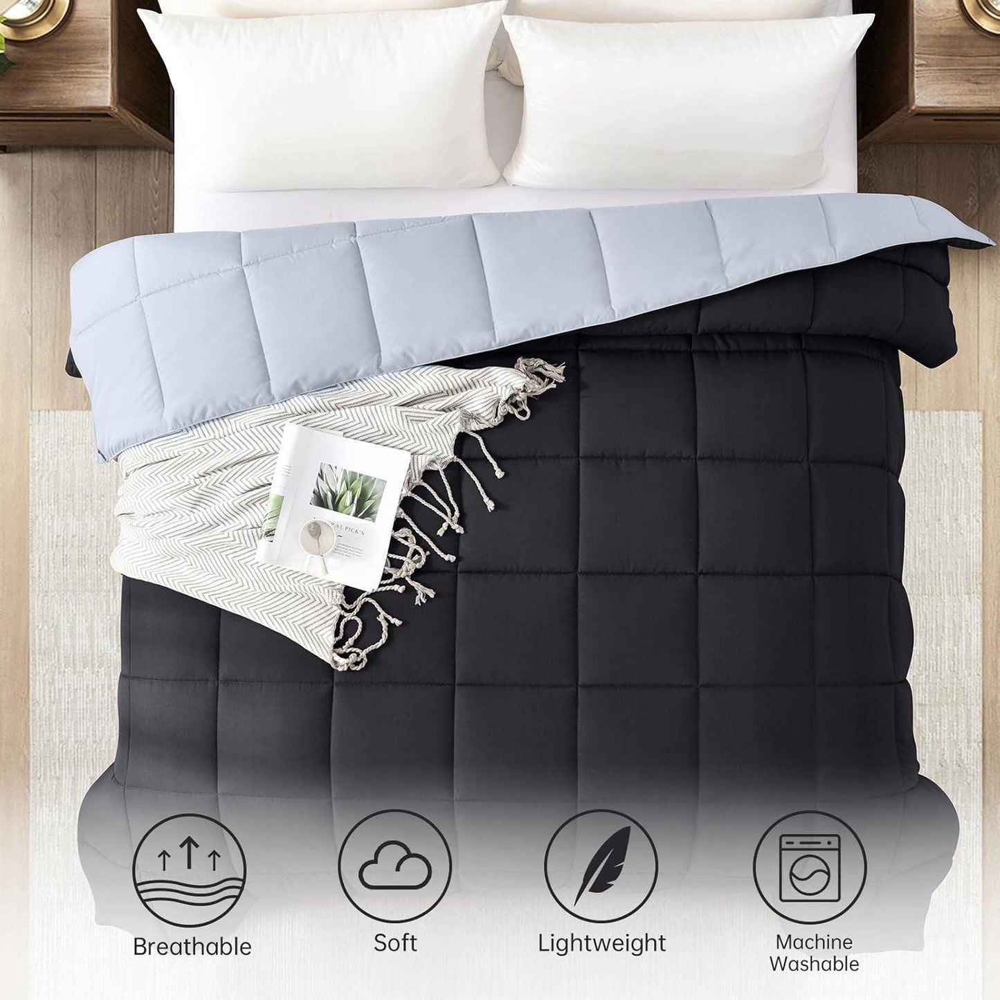 Oversized Queen Comforter - Lightweight Down Alternative Duvet Insert, Reversible Black and Light Grey Quilted Bedding for All Seasons