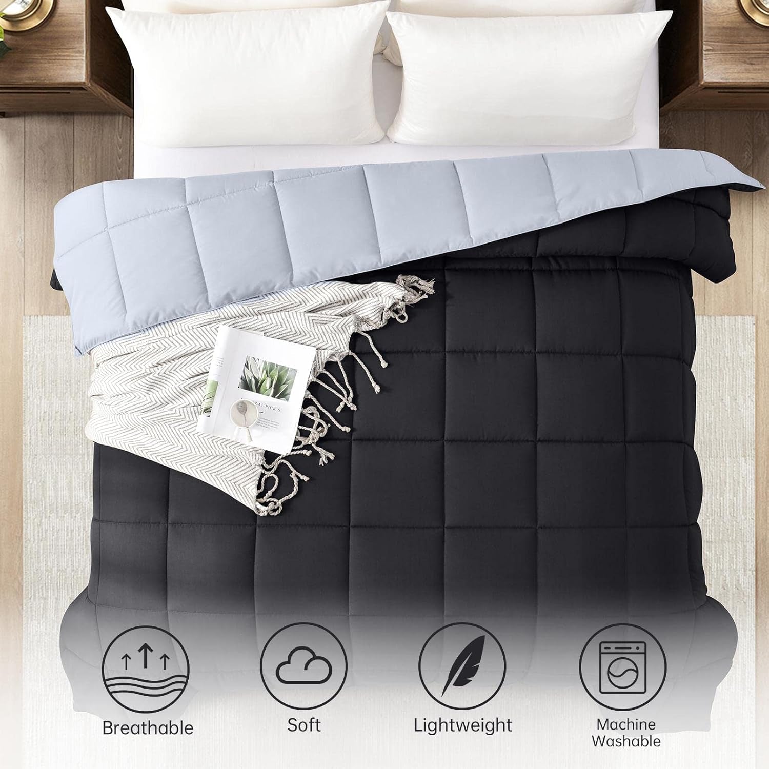 Oversized Queen Comforter - Lightweight Down Alternative Duvet Insert, Reversible Black and Light Grey Quilted Bedding for All Seasons