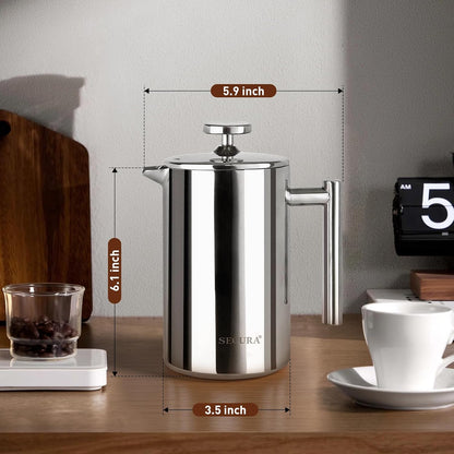 French Press Coffee Maker - 304 Stainless Steel Insulated Coffee Press with 2 Extra Screens, 12 Oz (0.35 Litre), Silver