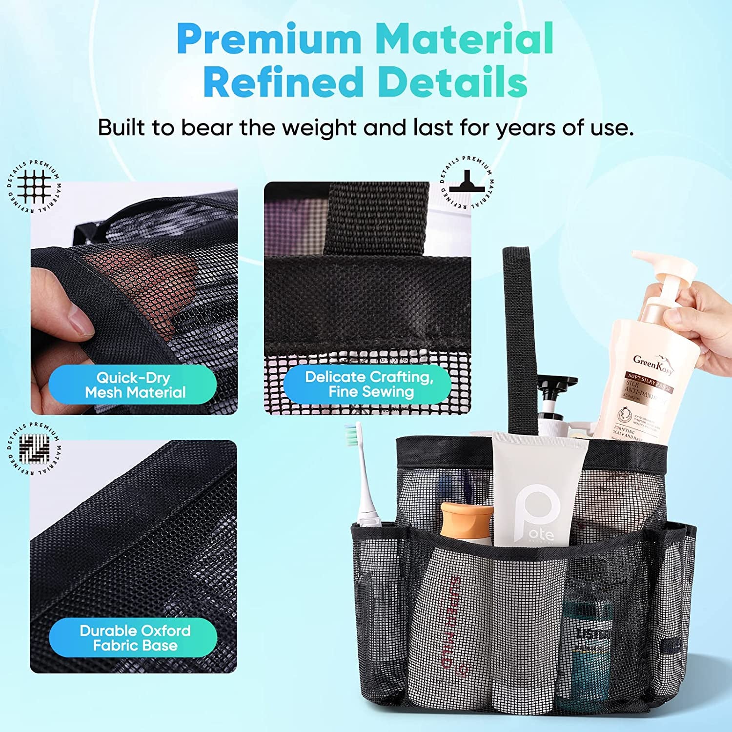 Portable Mesh Shower Caddy with 8-Pocket Large Capacity for College Dorms, Beach, Swimming, Gym, and Travel Essentials