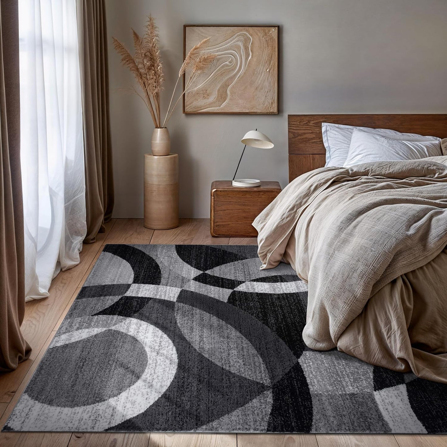 Contemporary Abstract Circles Area Rug for High Traffic Spaces - 6'6" x 9', Gray