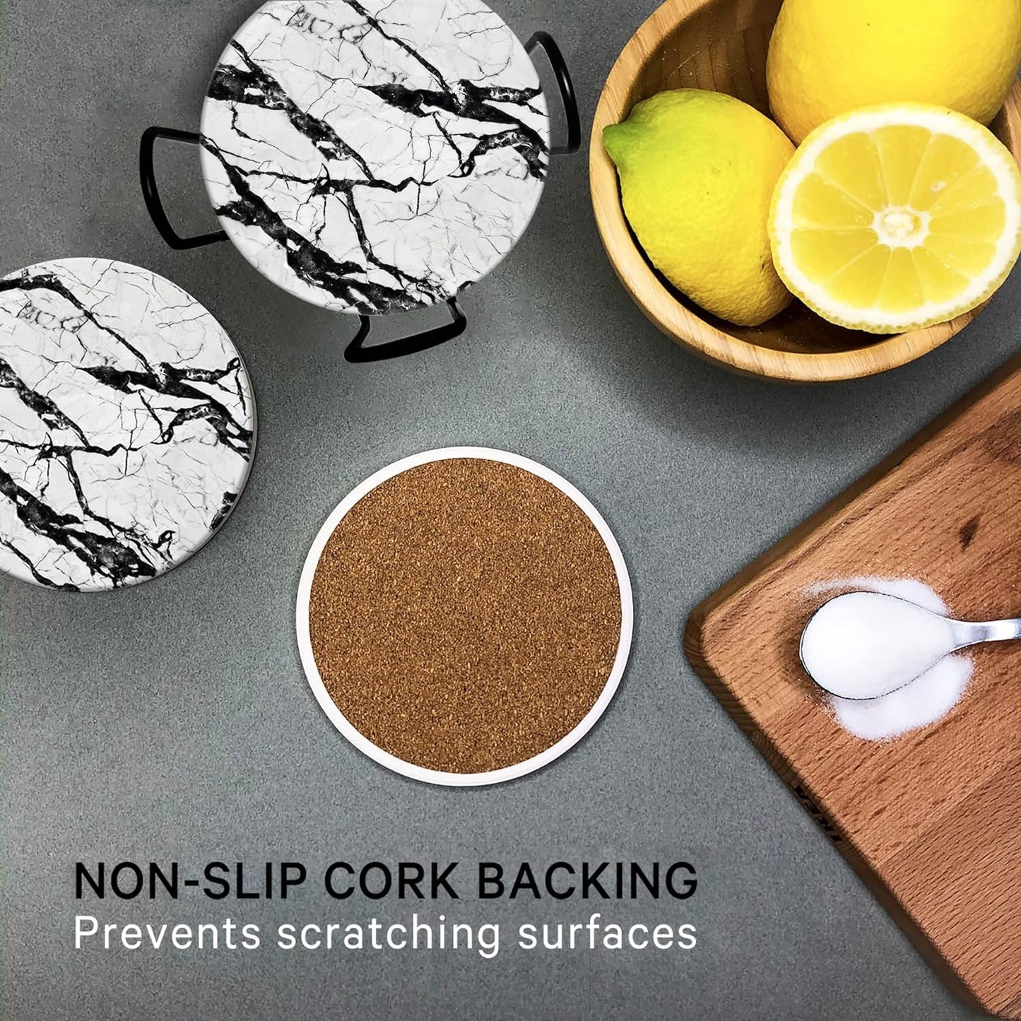 Emerson Marble Coaster Set of 6 with Holder – Absorbent Non-Slip Ceramic Coasters for Coffee Tables – Durable Design (Boulder)