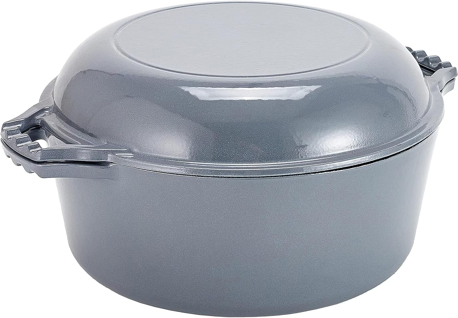 2-in-1 Enamel Cast Iron Dutch Oven with Skillet Lid - 7 Quart Grey Crock Pot and Braising Pan for Casserole Dishes