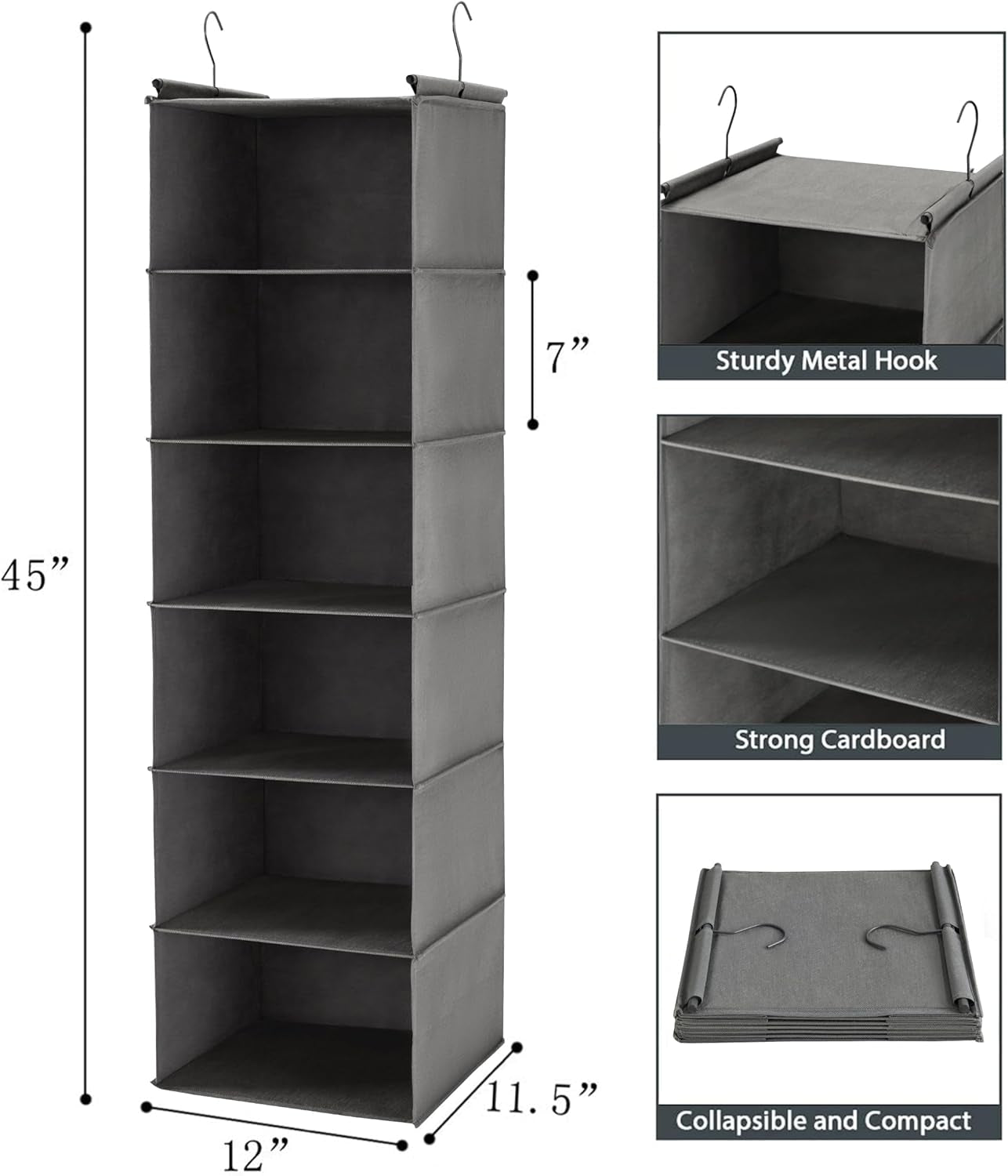 6-Tier Foldable Hanging Closet Organizer in Grey with Durable Hooks for Optimal Space Management