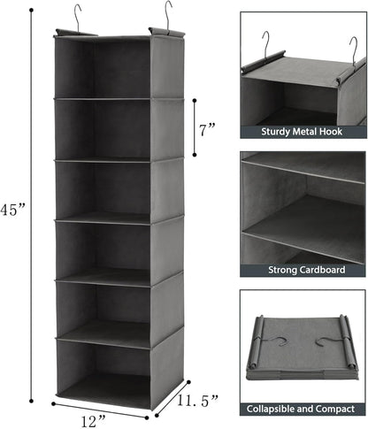 6-Tier Foldable Hanging Closet Organizer in Grey with Durable Hooks for Optimal Space Management