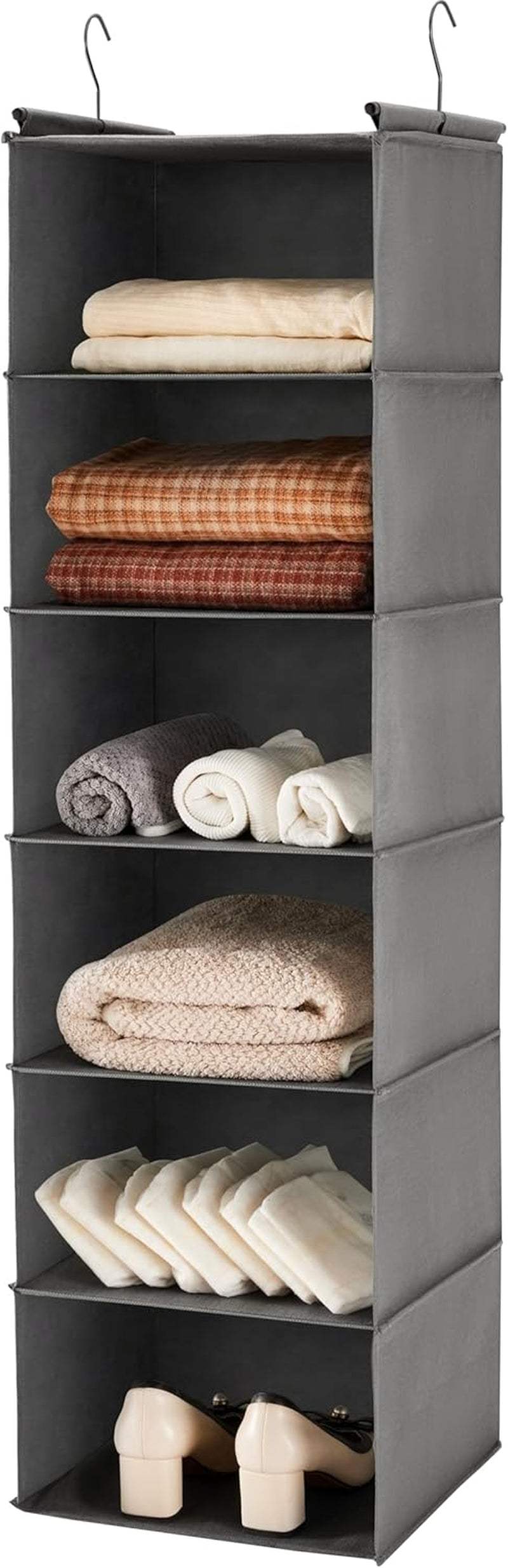 6-Tier Foldable Hanging Closet Organizer in Grey with Durable Hooks for Optimal Space Management