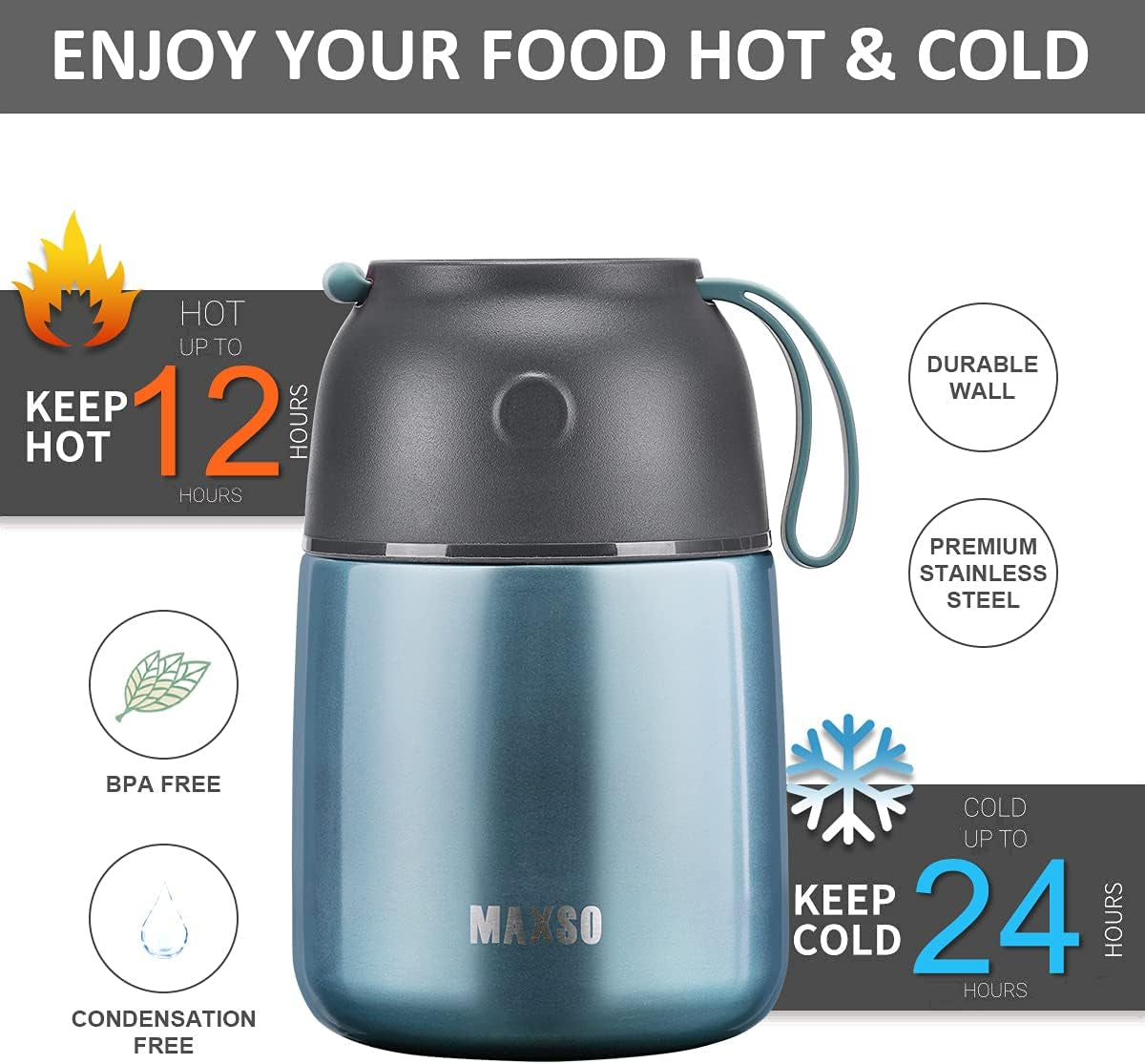Insulated Stainless Steel Food Jar for Hot and Cold Meals, 17 oz Thermal Container with Spoon, Triple Layer Insulation, Ideal for Kids and Adults (Light Blue)
