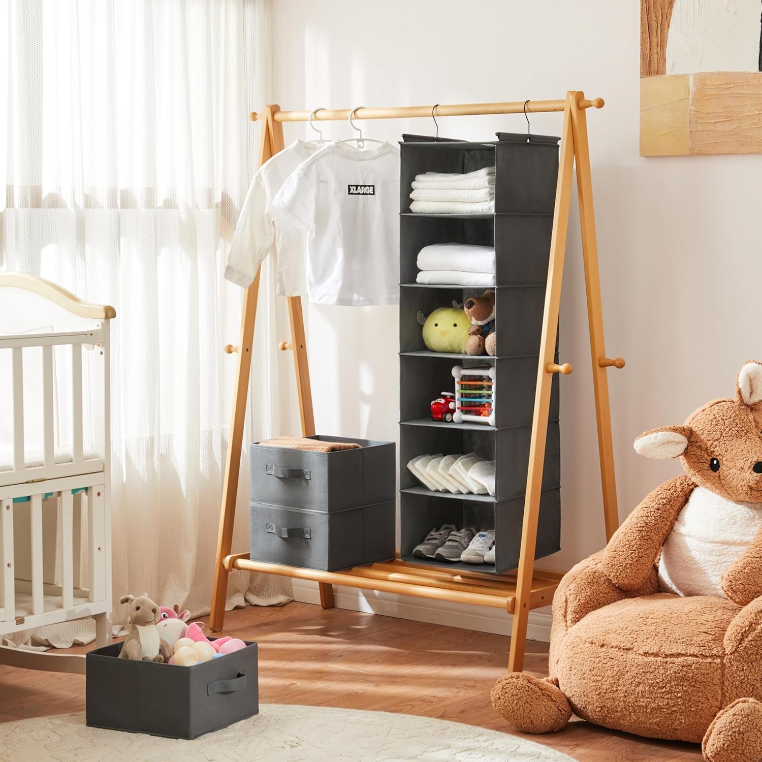 6-Tier Foldable Hanging Closet Organizer in Grey with Durable Hooks for Optimal Space Management