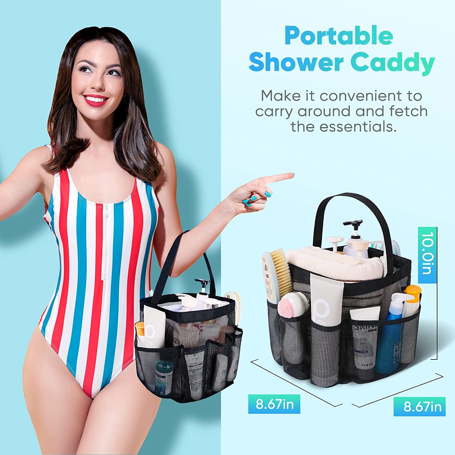 Portable Mesh Shower Caddy with 8-Pocket Large Capacity for College Dorms, Beach, Swimming, Gym, and Travel Essentials