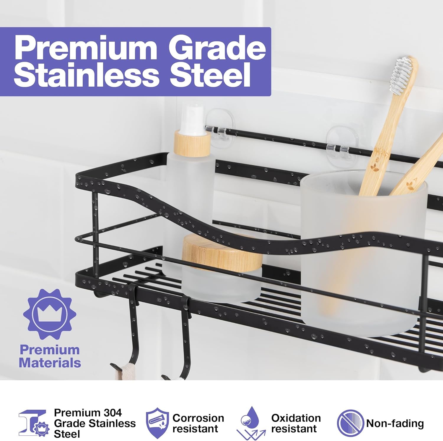 Premium Self-Adhesive Shower Caddy with 4 Hooks - Large Capacity Stainless Steel Wall Organizer - Elegant Matte Black Bathroom Decor