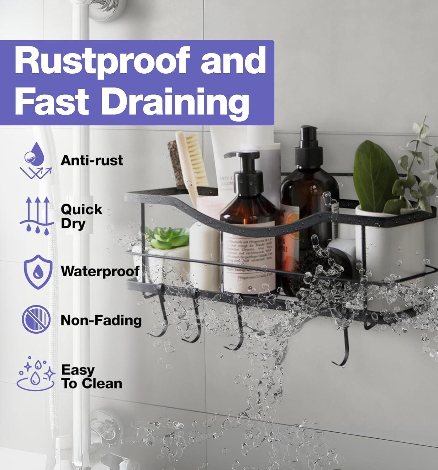 Premium Self-Adhesive Shower Caddy with 4 Hooks - Large Capacity Stainless Steel Wall Organizer - Elegant Matte Black Bathroom Decor