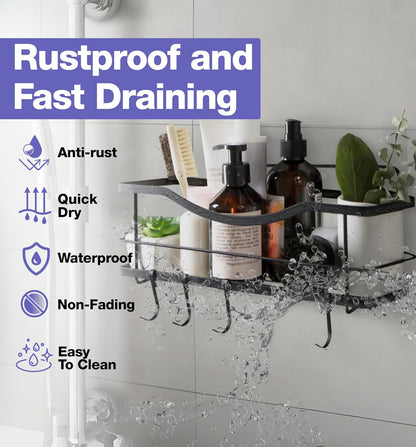 Premium Self-Adhesive Shower Caddy with 4 Hooks - Large Capacity Stainless Steel Wall Organizer - Elegant Matte Black Bathroom Decor