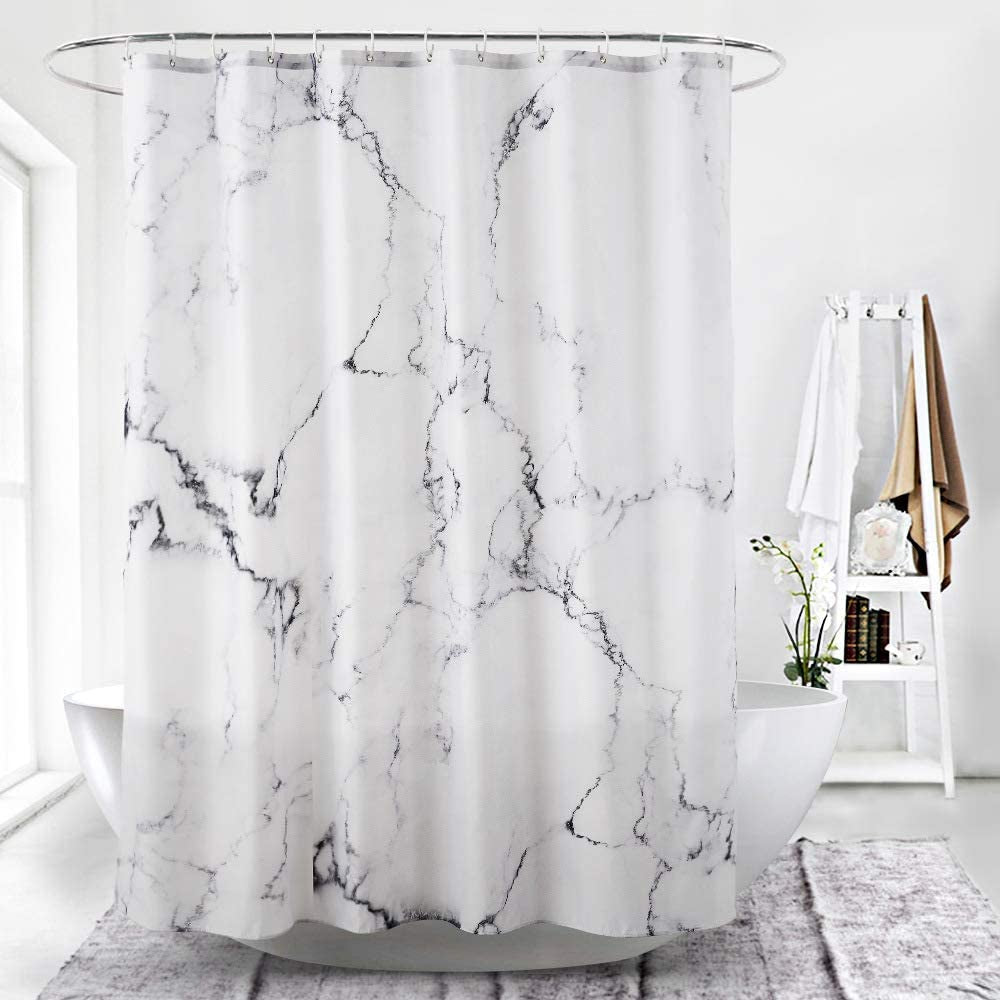 Grey and White Marble Fabric Shower Curtain with Hooks, Unique 3D Print Design, Waterproof with Reinforced Metal Grommets, Standard Size 72x72 Inches
